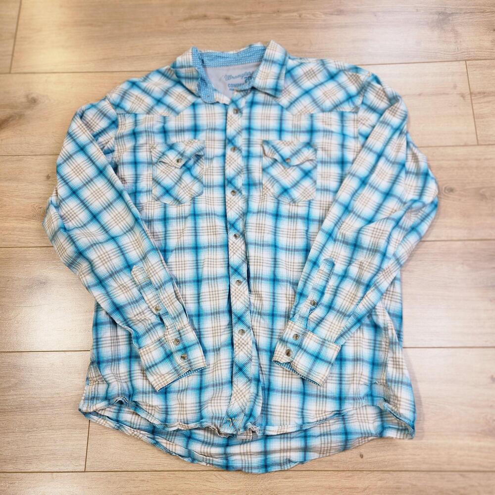 Wrangler 20X Competition Shirt Mens XL Blue Plaid Pearl Snap Western Cowboy